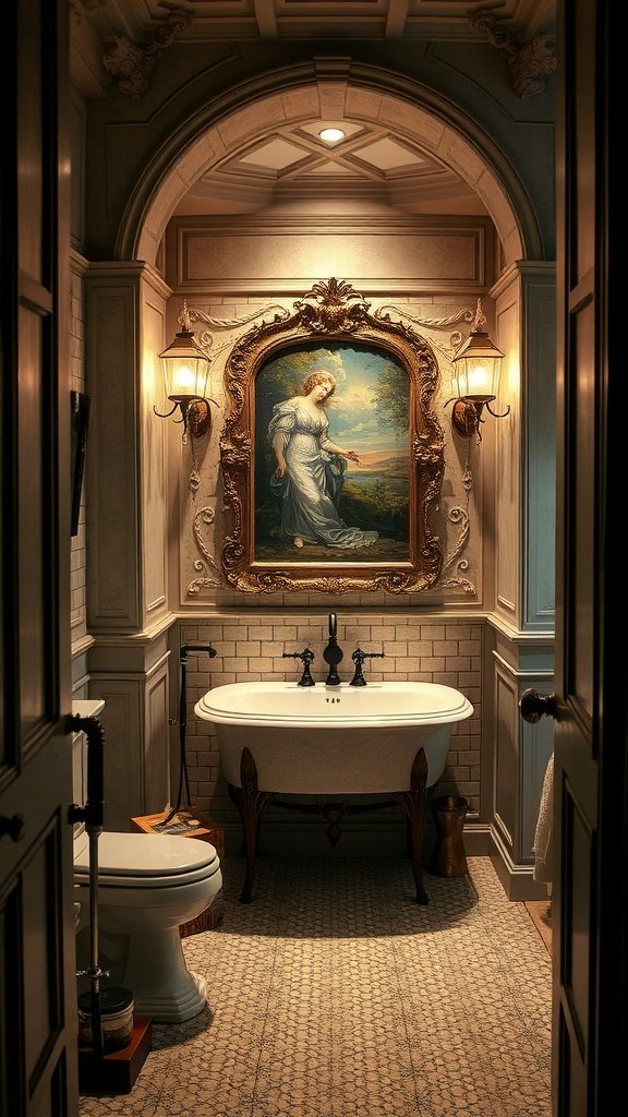 A French-style bathroom featuring accent lighting showcasing a painting and elegant fixtures.