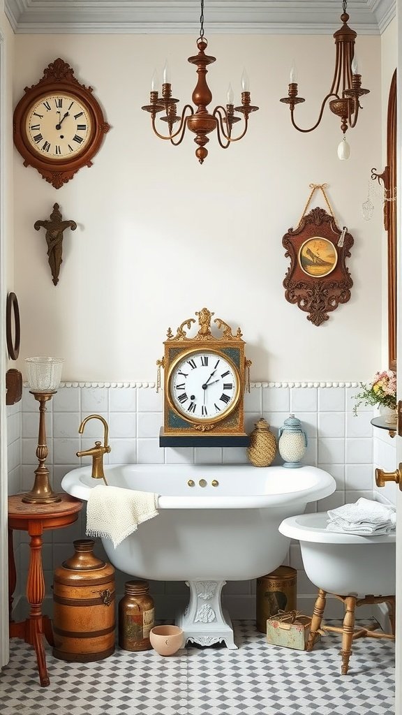 A cozy French country bathroom featuring antique clocks, a vintage bathtub, and rustic décor.