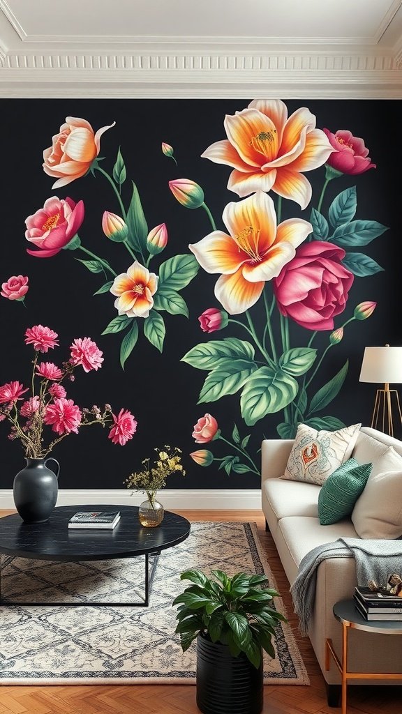 bold floral mural with various pink and orange flowers on a black wall.