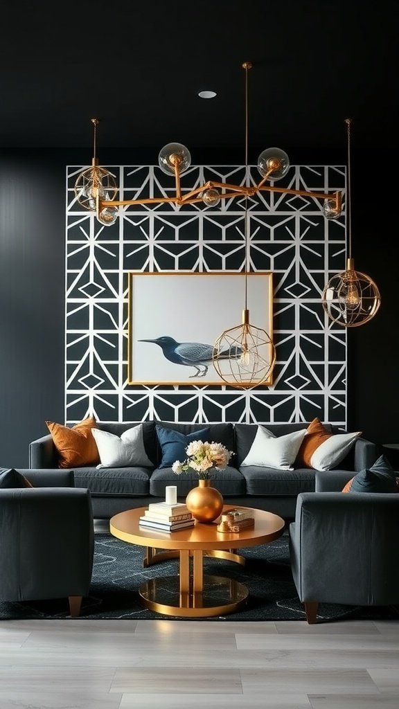 black accent wall with bold geometric patterns 