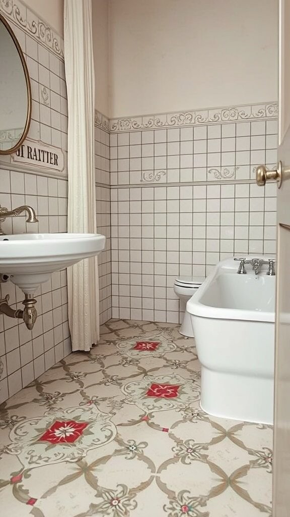 A bathroom featuring charming ceramic tiles with a floral pattern on the floor and simple white tiles on the walls.