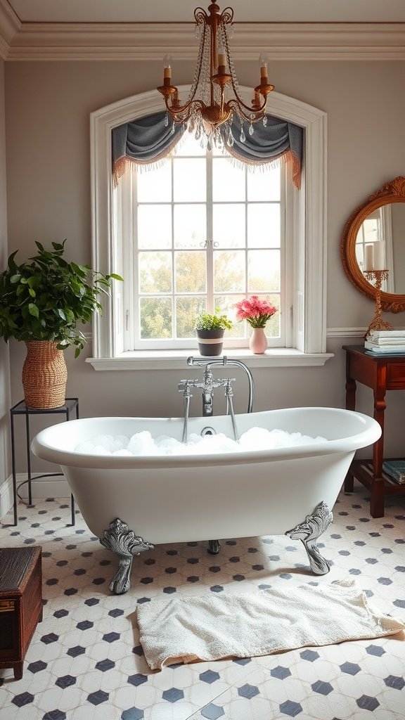 A stylish clawfoot bathtub with bubbles, placed in a beautifully decorated bathroom