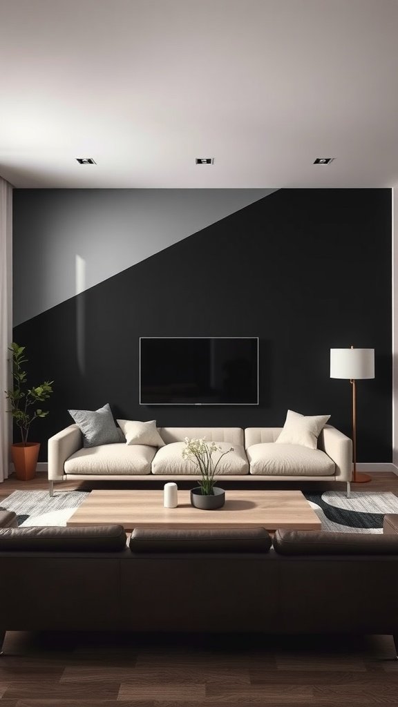 chic split-color design black accent wall and light-colored furniture.