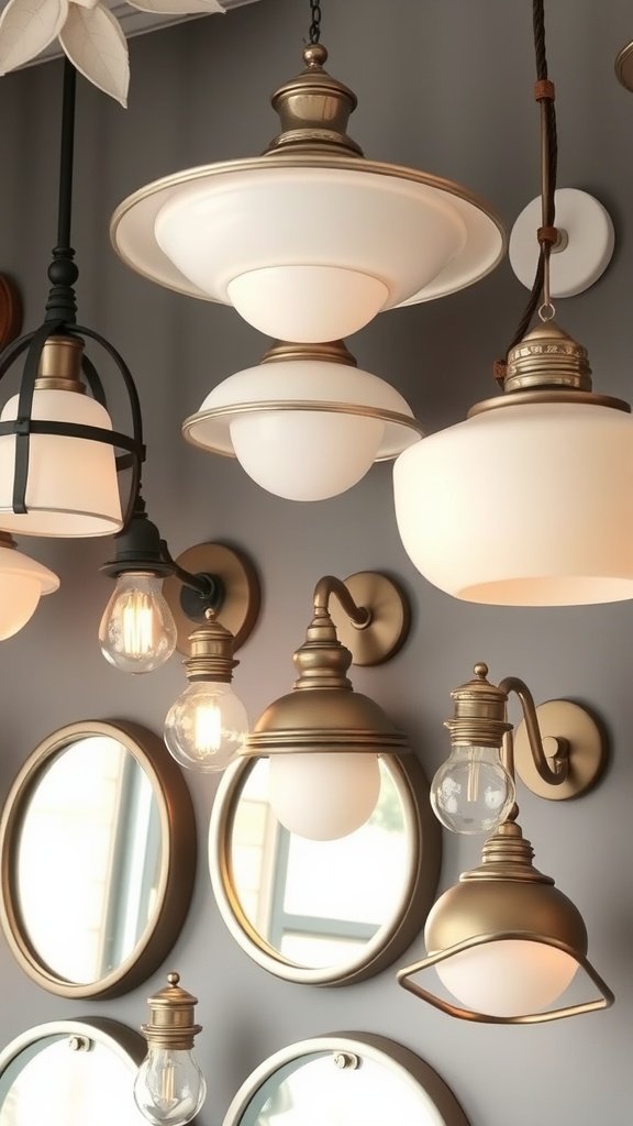 A variety of stylish bathroom light fixtures in different designs and shapes.