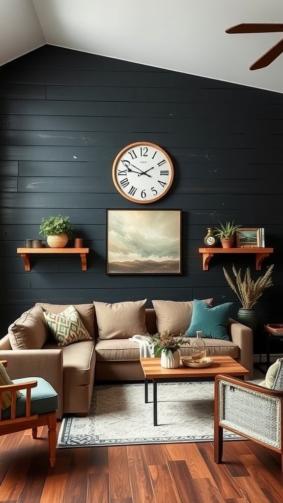 shiplap paneling painted black, with couch and decorative shelves.