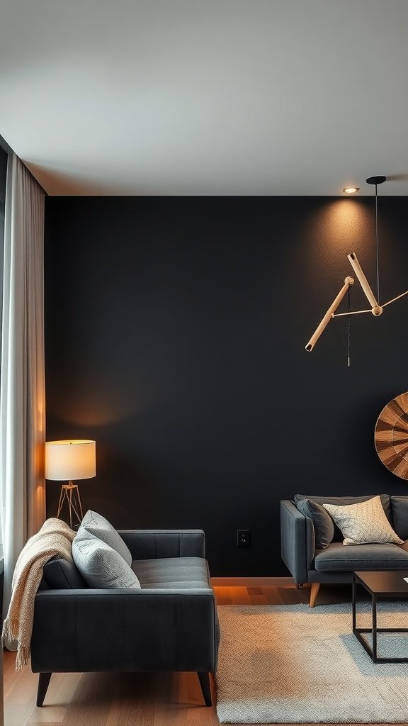 Living room with a black accent wall and cozy furniture.