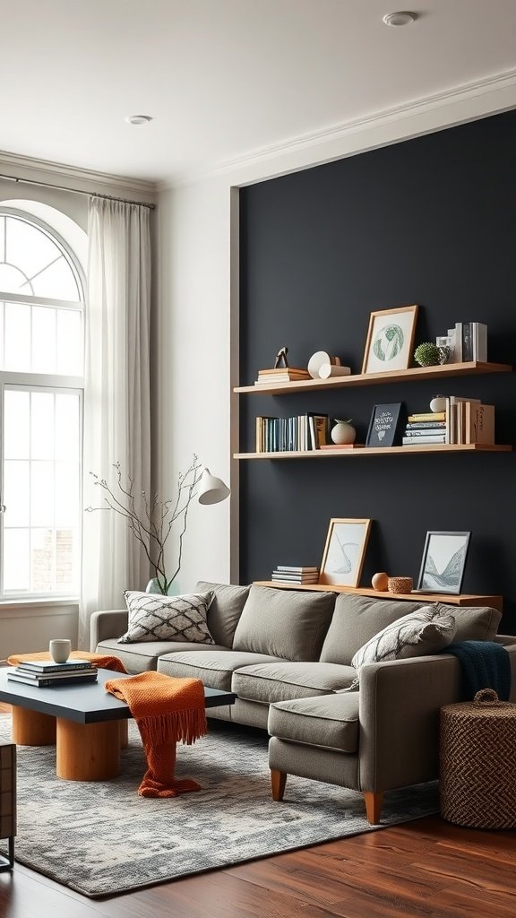 black accent wall and open shelving displaying books and decor.