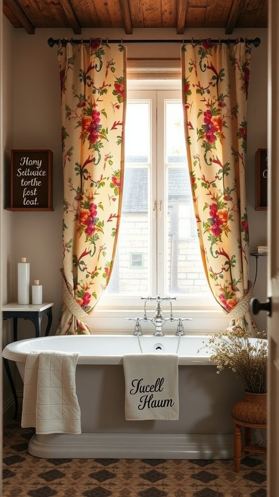 A beautifully decorated bathroom featuring floral curtains, a vintage bathtub, and soft towels.