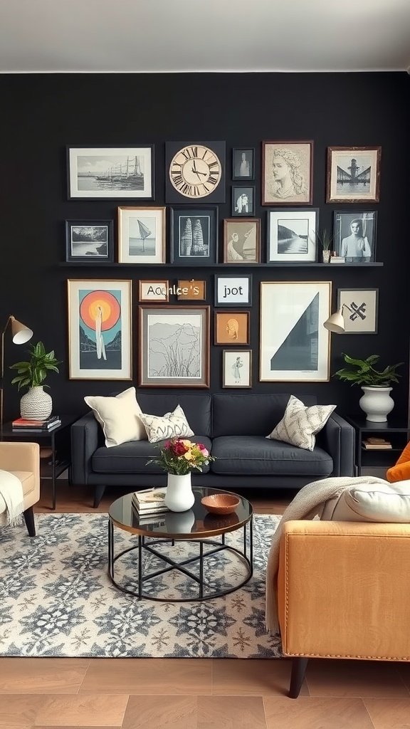 black accent wall, various art frames, cozy seating, and colorful decor.