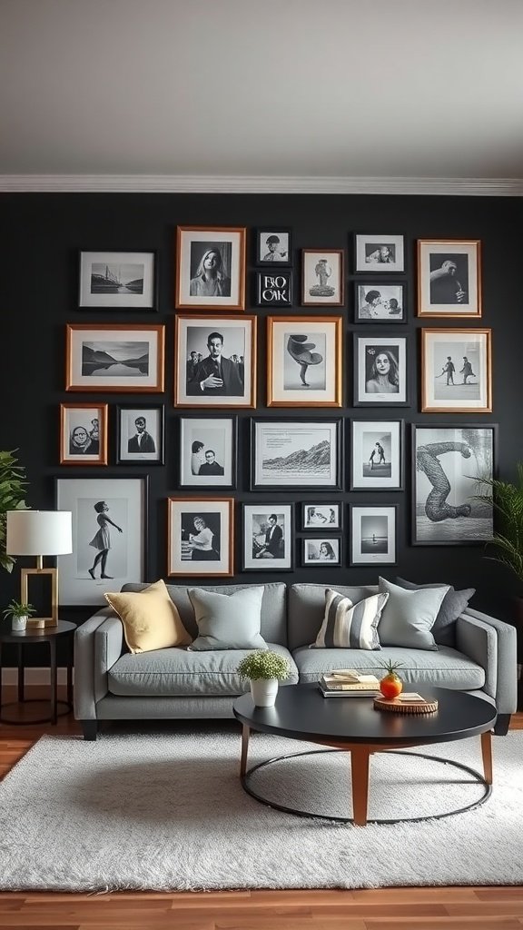 gallery wall with framed pictures on a black accent wall.