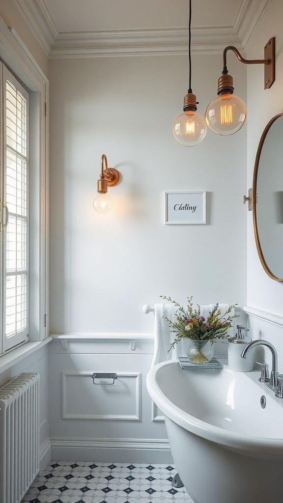 A stylish French bathroom featuring energy-efficient lighting fixtures.