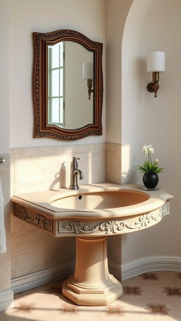 A handcrafted stone sink in a beautifully lit bathroom, featuring elegant design and a vintage mirror.