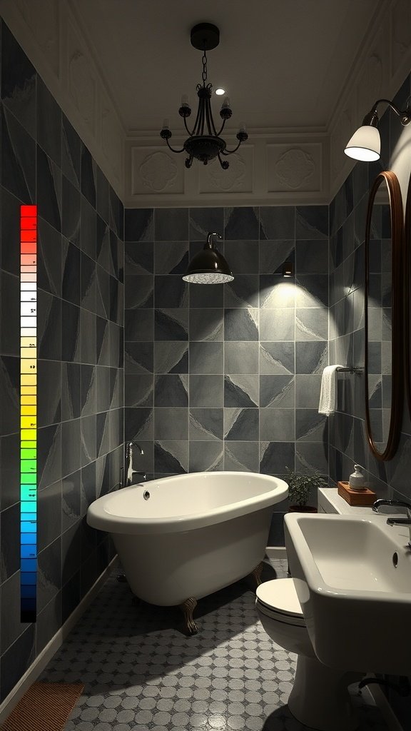 A stylish French bathroom with varied lighting fixtures and a color temperature scale.