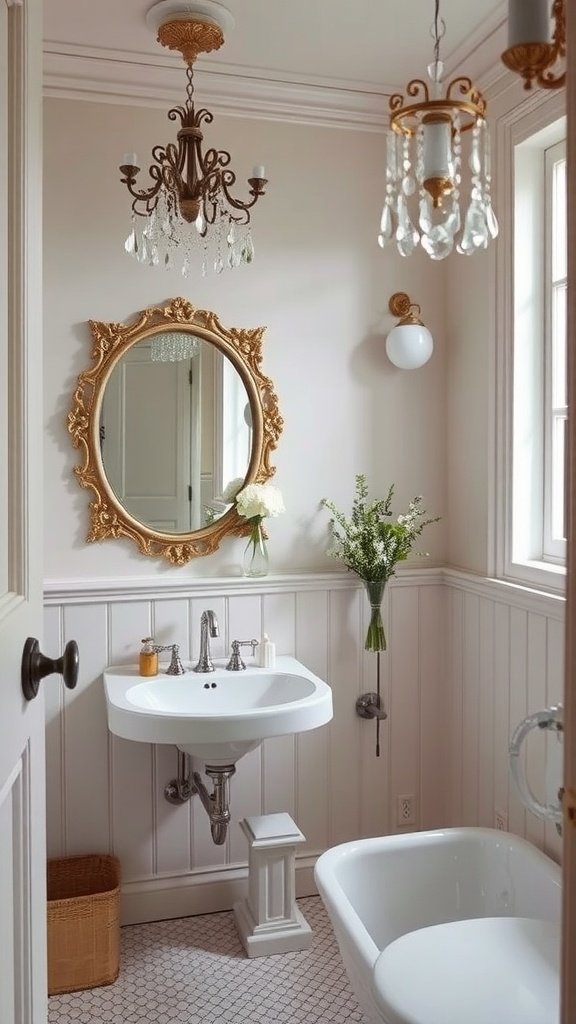 A beautifully decorated French bathroom featuring a chandelier, elegant mirror, and fresh flowers.