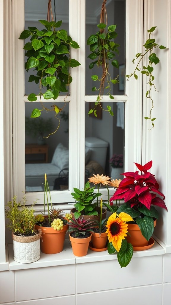 A variety of indoor plants on a windowsill, including hanging plants and potted flowers, creating a fresh and vibrant atmosphere.