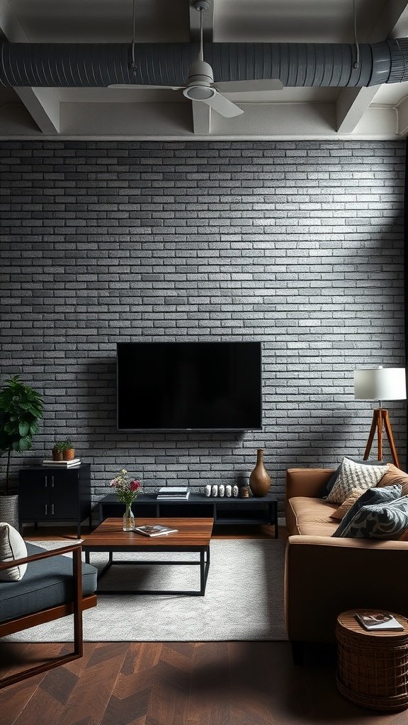 industrial brick wall, cozy furniture, and a modern aesthetic.