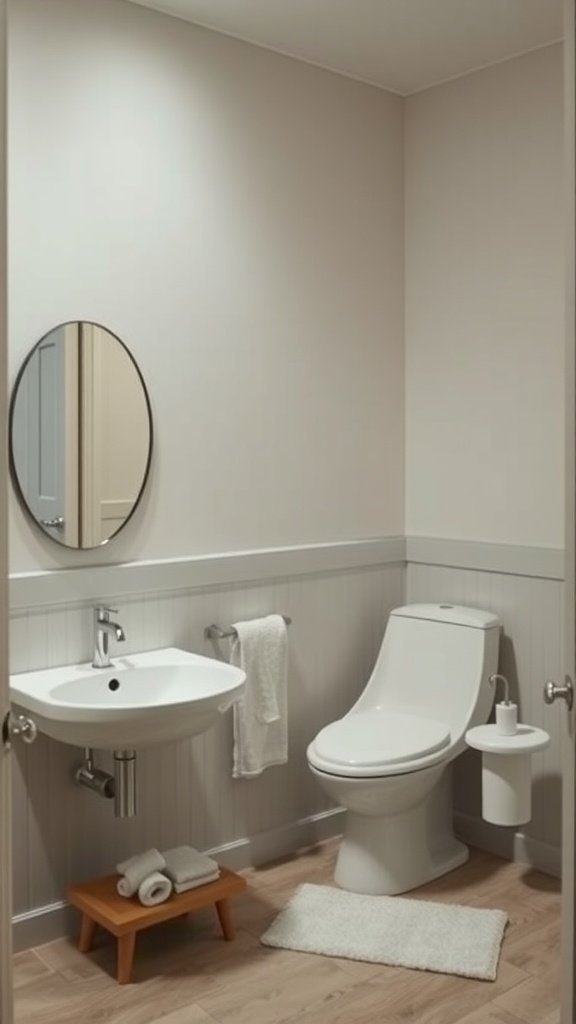 A modern bathroom featuring a small wooden stool, a round mirror, and elegant decor.