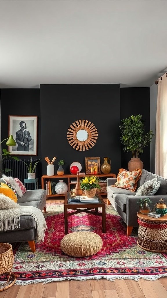 black accent wall, warm textiles, and vibrant decorations.