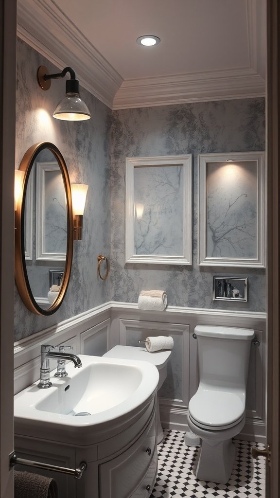 A stylish bathroom with layered lighting featuring overhead lights and wall sconces.