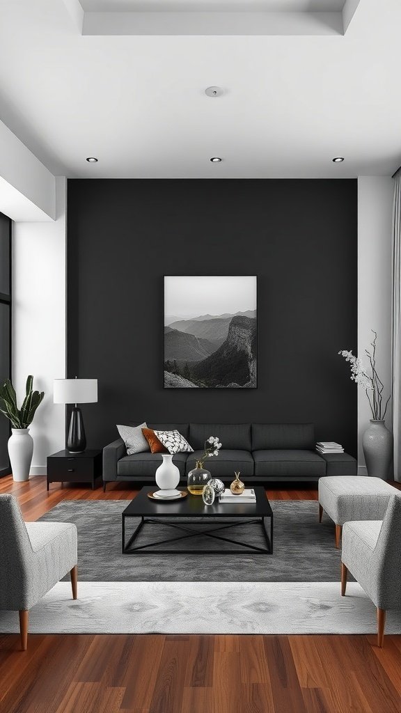 black accent wall, grey furniture, and wooden flooring.