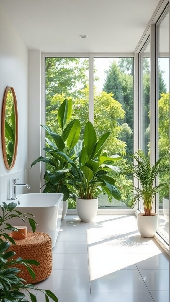 Bright bathroom with large windows, plants, and modern decor.