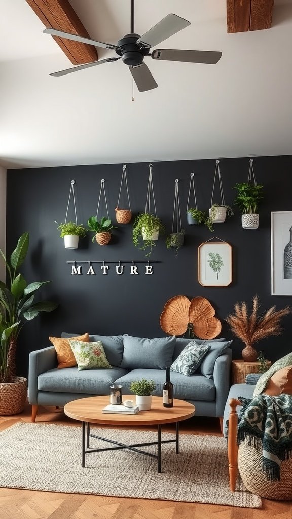 Living room with black accent wall and hanging plants