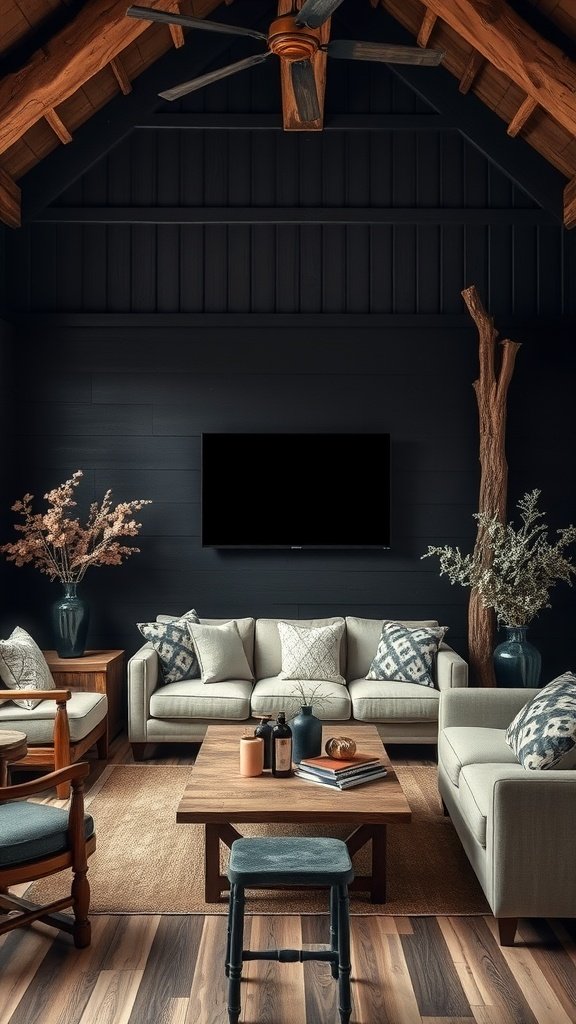 black accent wall, wooden beams, and rustic furniture