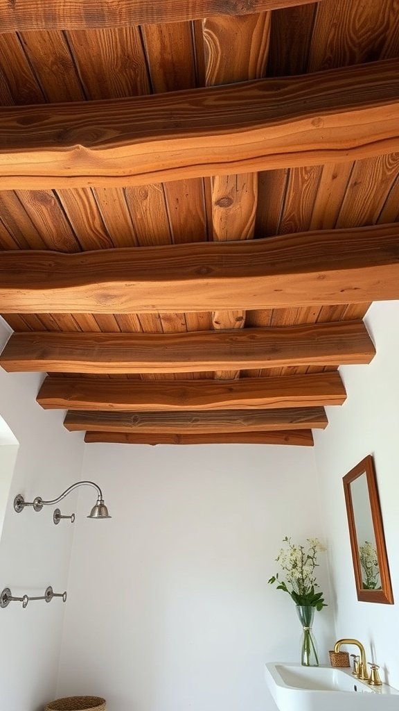 Ceiling with rustic wood beams in a bathroom