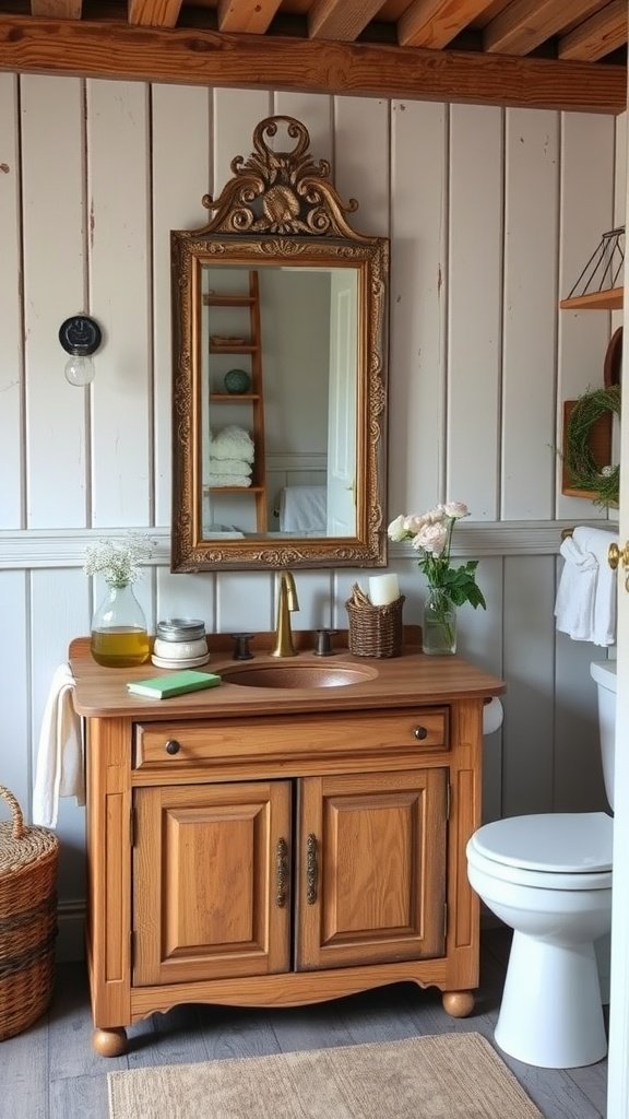 A rustic wooden vanity with a mirror above, placed in a bathroom with white paneling and wooden accents.