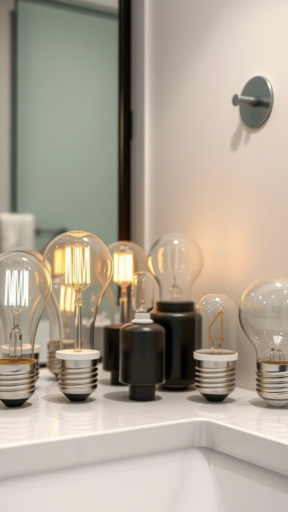 A variety of light bulbs displayed on a marble surface in a modern bathroom setting.