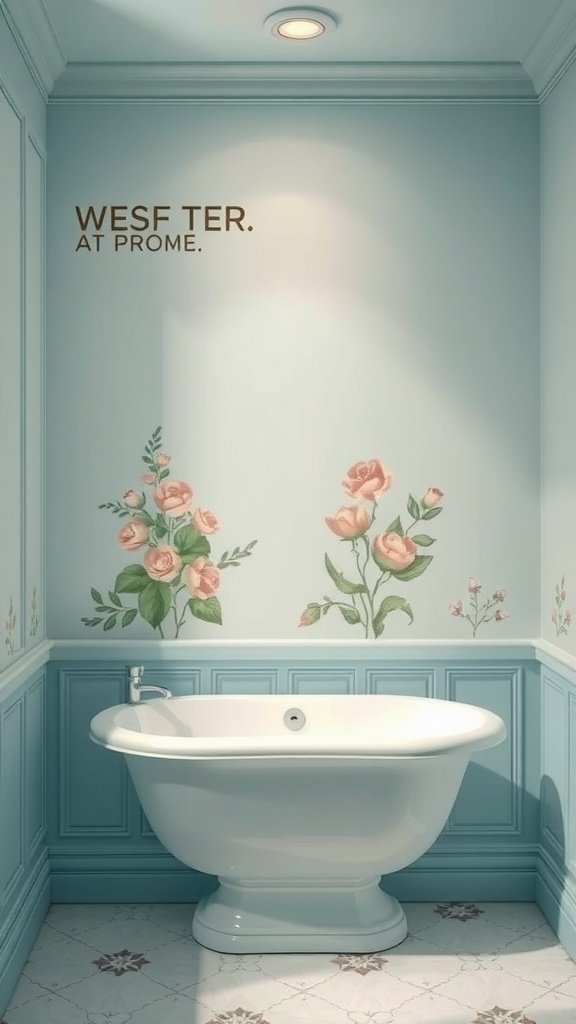 A pastel-colored bathroom featuring a white bathtub, blue walls, and floral decorations.