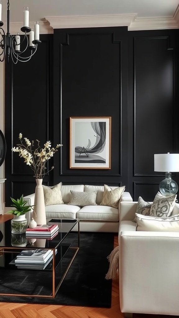 black accent wall, light furniture, and decorative elements.