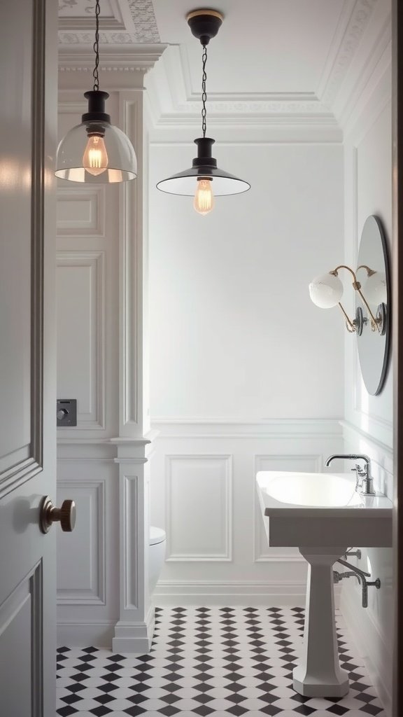 A stylish French bathroom featuring pendant lights and a modern sink.
