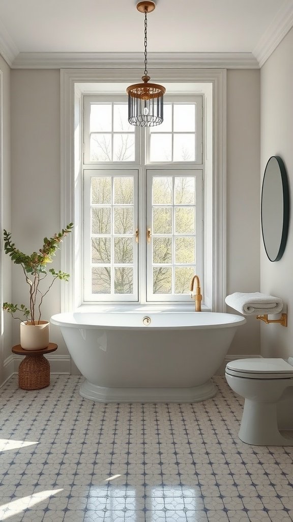 A bright bathroom with a freestanding tub and large windows letting in natural light.