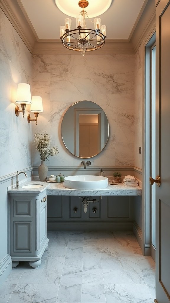 A stylish French bathroom featuring modern lighting fixtures, including a chandelier and wall sconces.