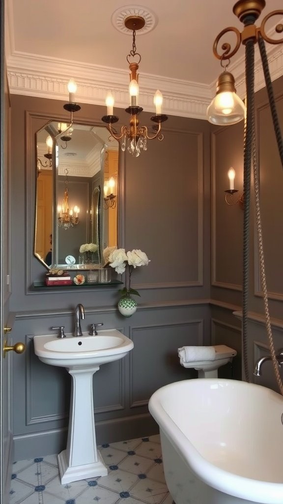 A stylish French bathroom featuring elegant lighting and classic decor.