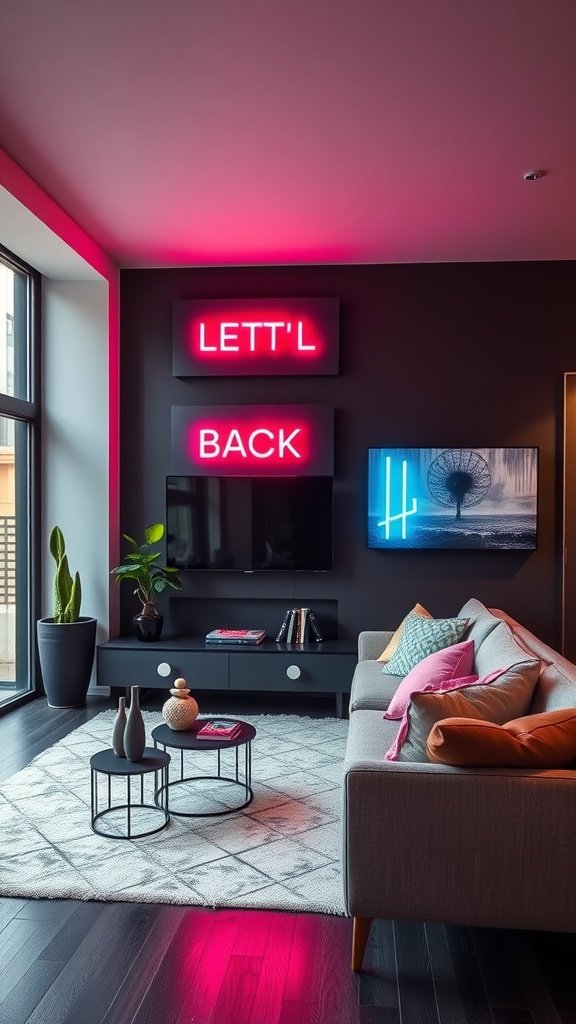 Living room with black accent wall and neon signs