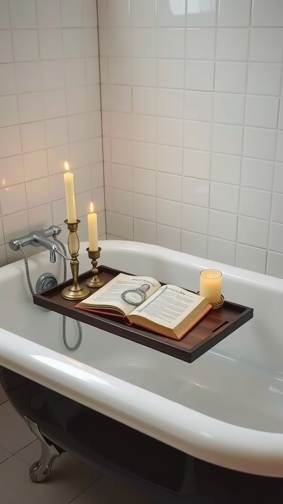 A vintage bathtub tray with candles, an open book, and a glass, placed on a bathtub