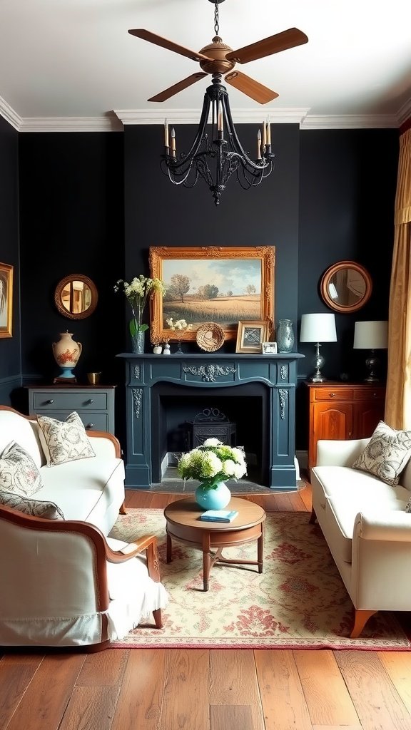 black accent wall, vintage decor, and elegant furniture.