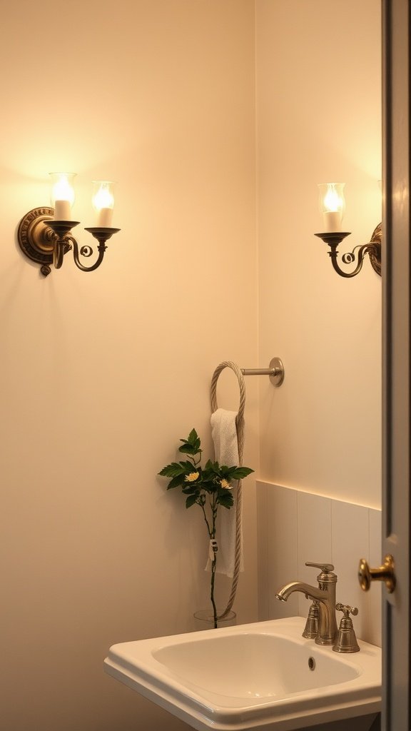 A cozy bathroom featuring vintage wall sconces, a sink, and a plant.