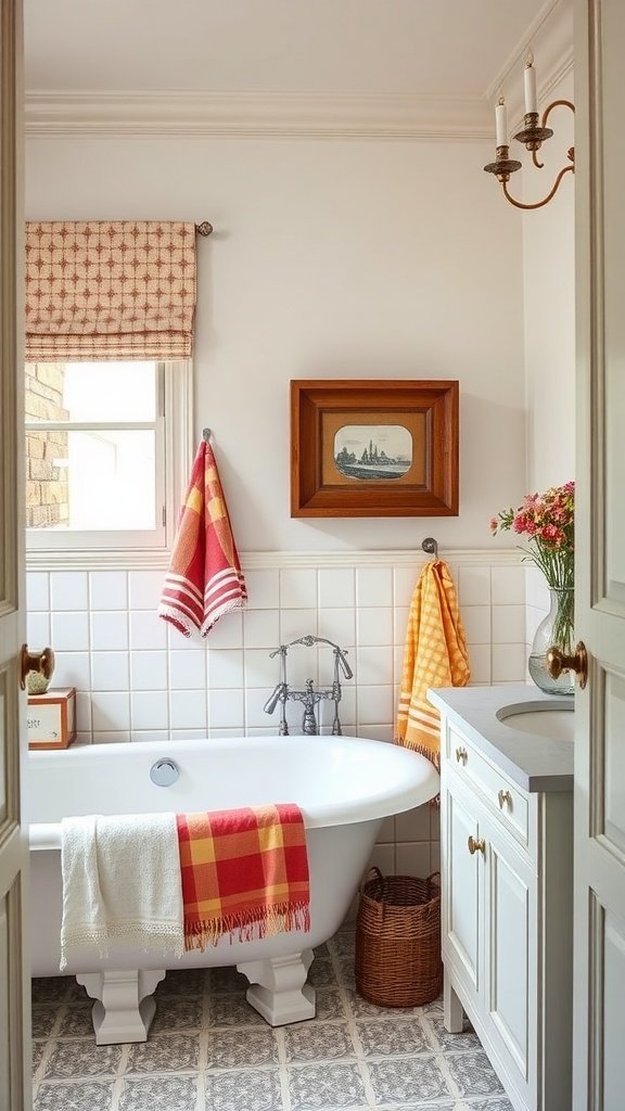 A cozy French country bathroom featuring warm colors in decor and textiles.