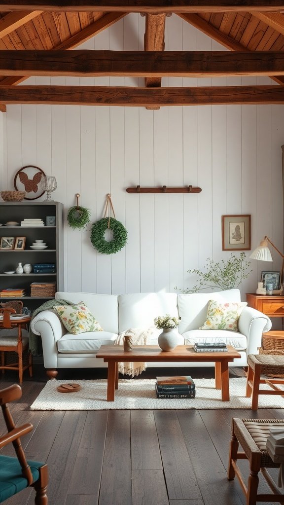 A cozy rustic farmhouse living room featuring a white couch, wooden beams, and natural decor.