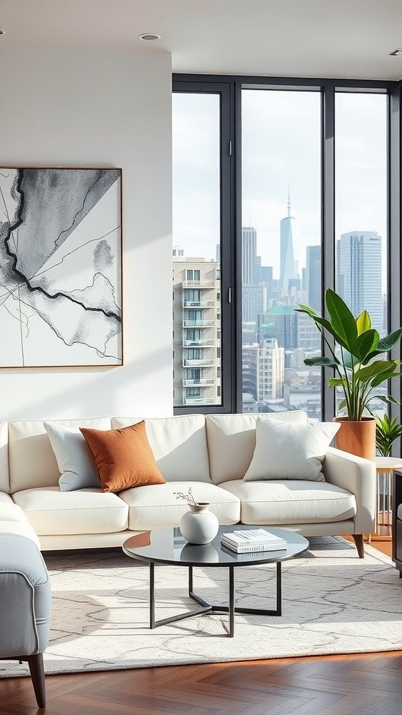 A modern living room featuring a white couch, city skyline view, and stylish decor.