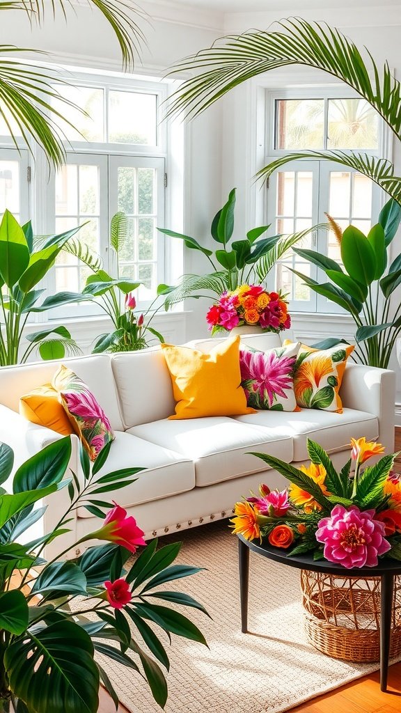 Tropical living room with white couch, colorful pillows, and lush plants.