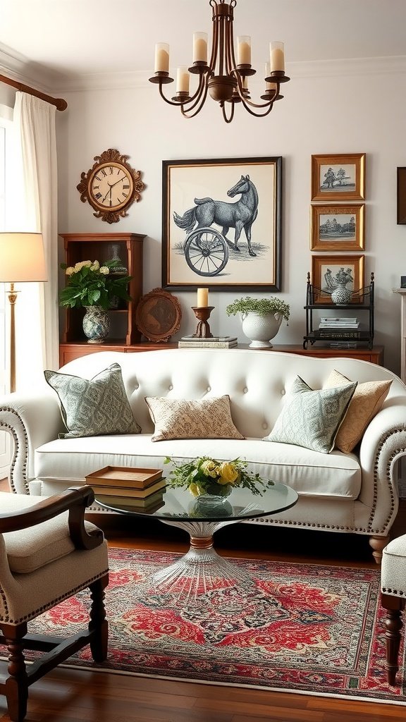 A cozy traditional living room featuring a white couch, decorative pillows, a glass coffee table, and classical artworks on the walls.