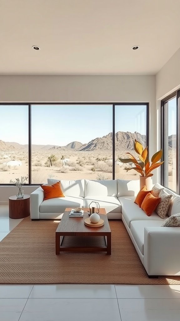 A modern living room featuring a white couch, earthy decor, and large windows showcasing a desert view.