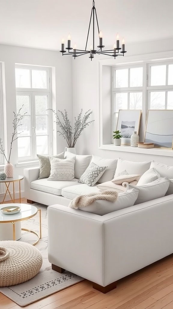 A stylish living room featuring a white couch, decorative pillows, and a warm, inviting atmosphere.