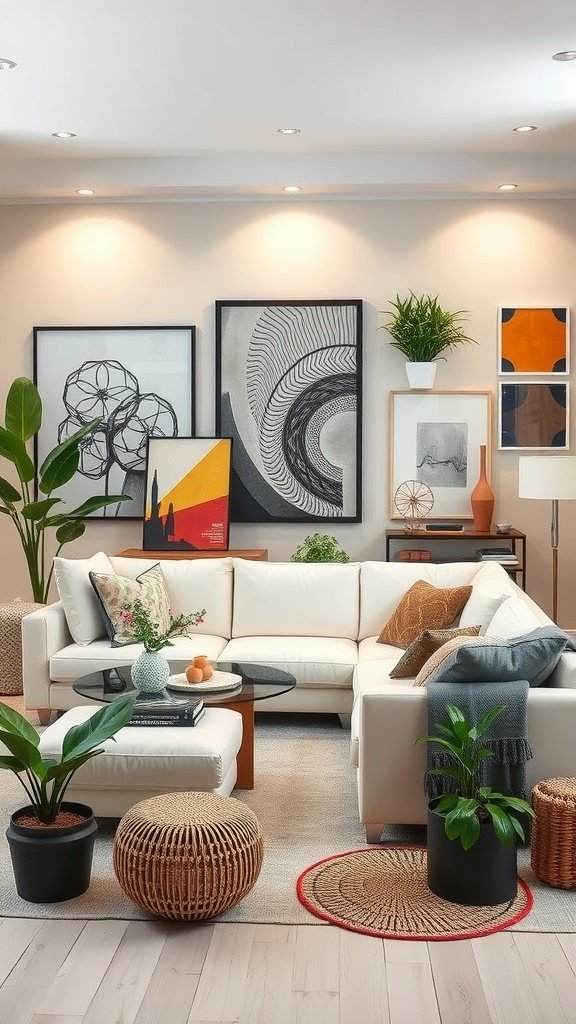 A modern living room featuring a white couch, vibrant artwork, and various plants.