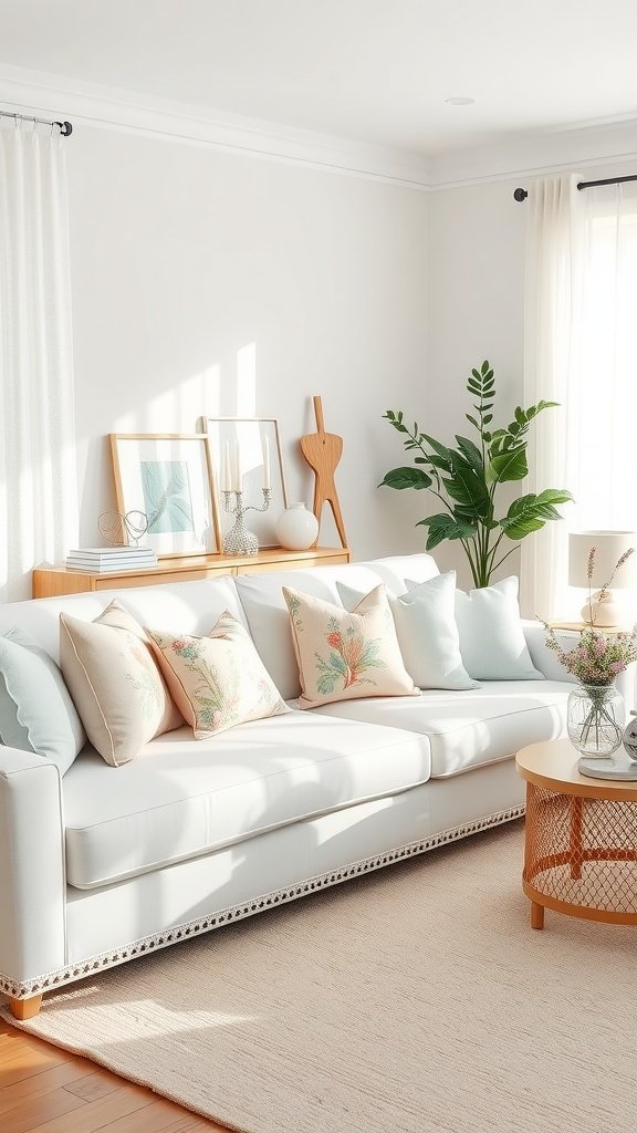 A stylish coastal grandmillenial living room featuring a white couch with decorative pillows, a round coffee table, and indoor plants.