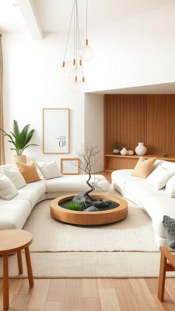 A minimalist living room featuring a white couch, natural wood accents, and a decorative centerpiece with plants.
